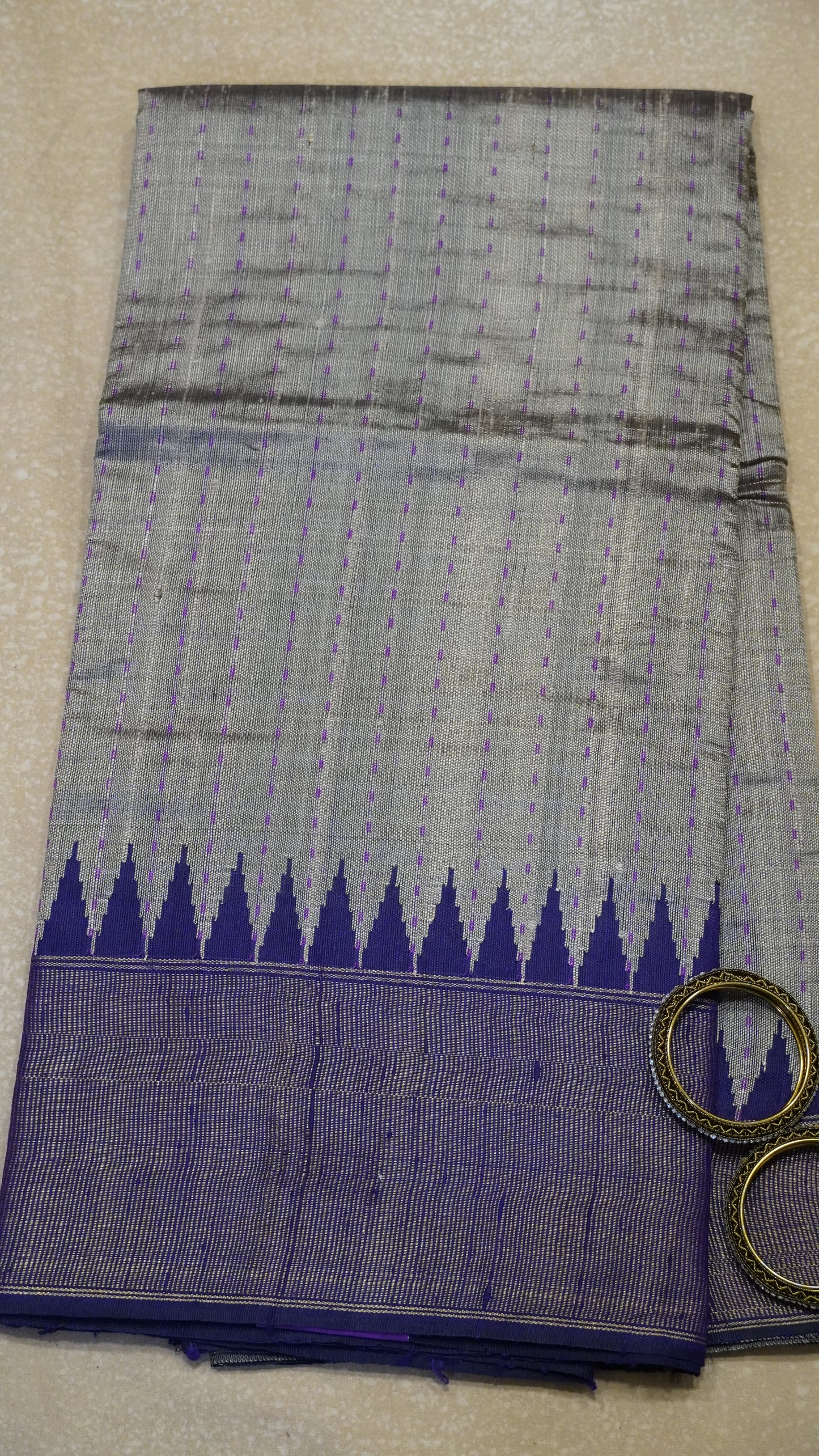 Pure Dupion Silk Saree - Beige Tower Border