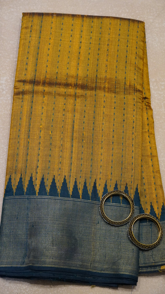 Pure Dupion Silk Saree - Gold Tower Border