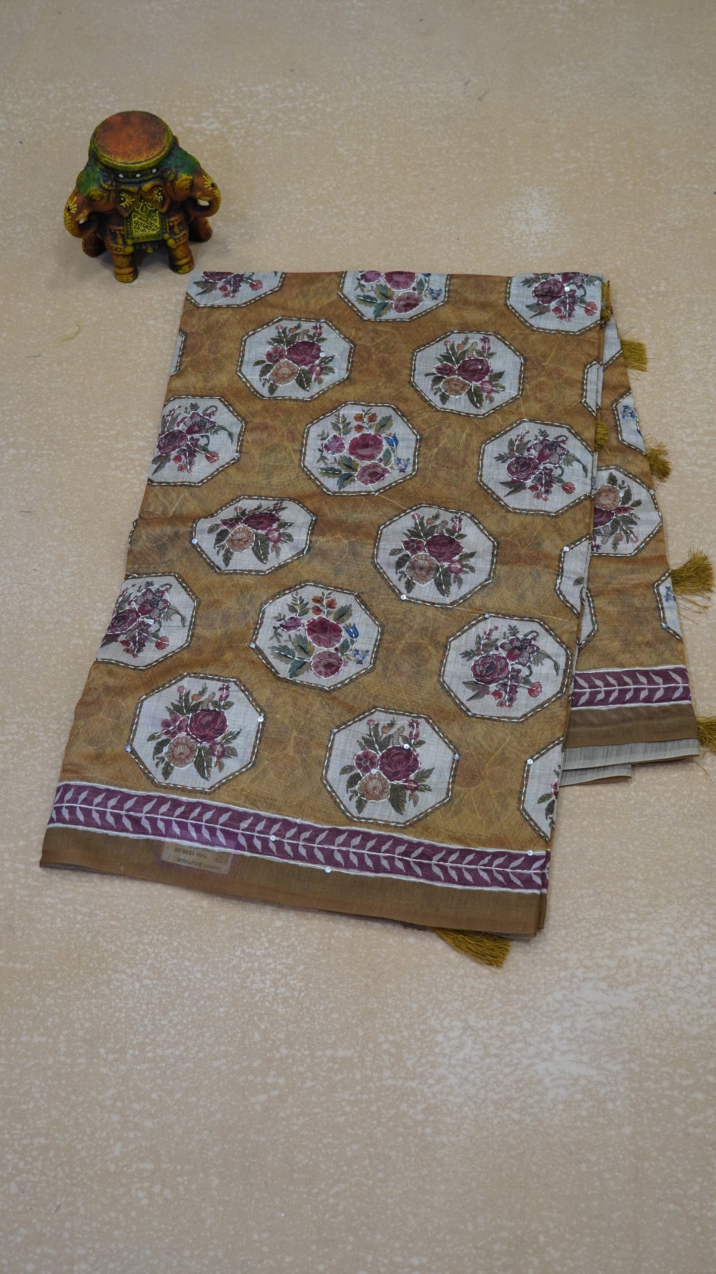 Chanderi Saree Kantha Work - Mustard