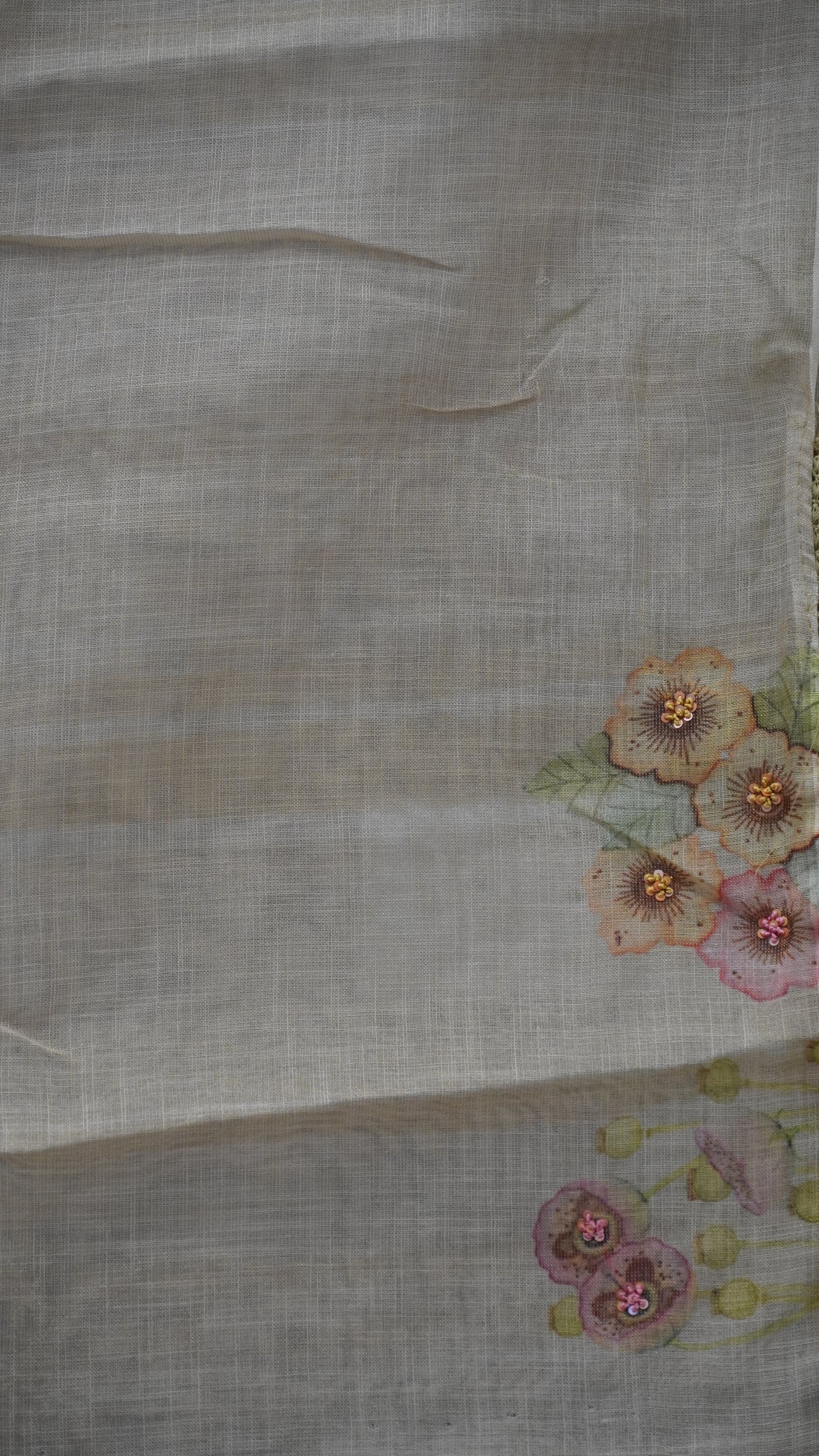 Tissue Linen Saree Floral - Beige
