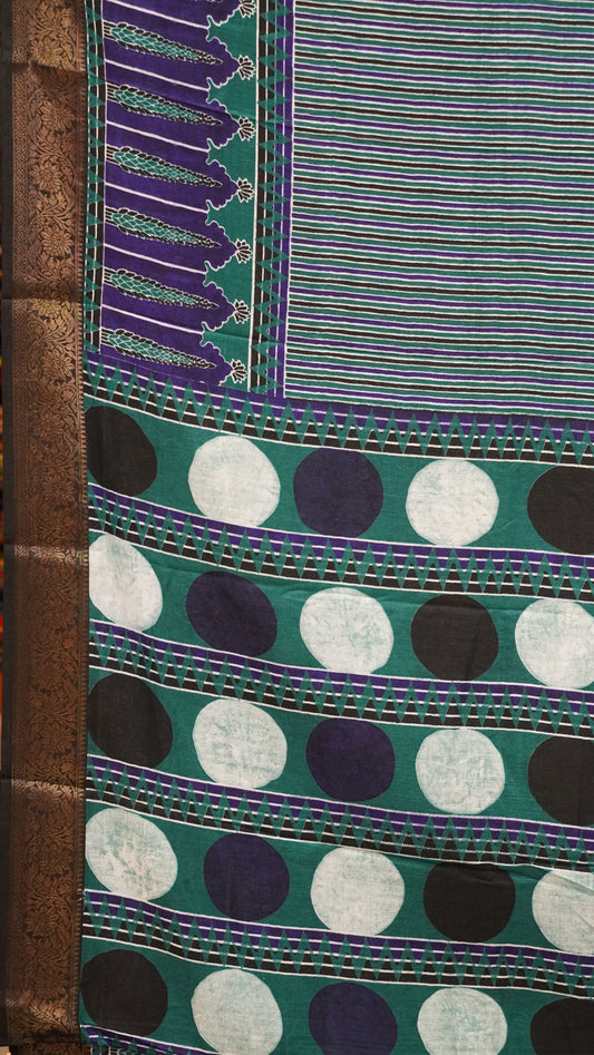 Shiffon Saree Ajrakh Print - Green to Blue
