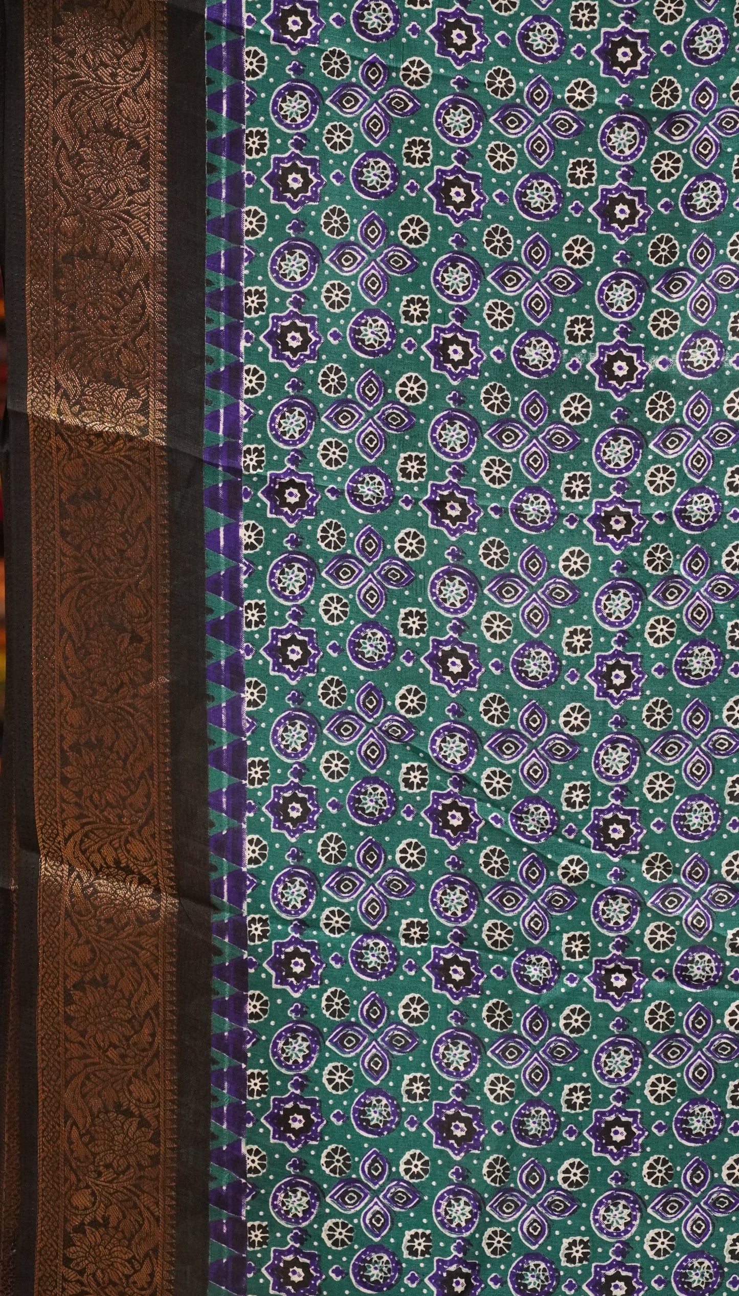 Shiffon Saree Ajrakh Print - Green to Blue