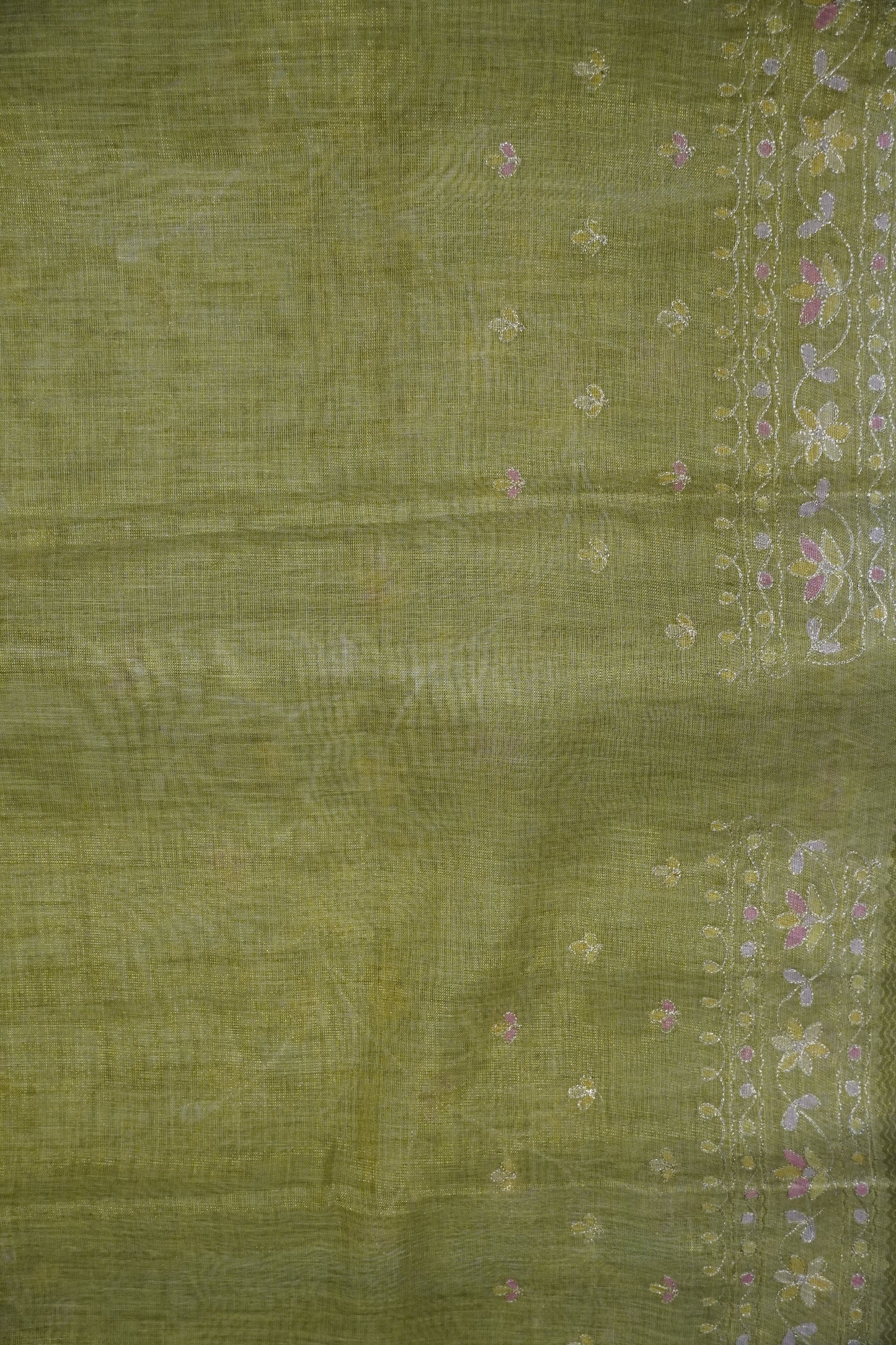 Tissue Linen Saree - Floral Kutch work - Green