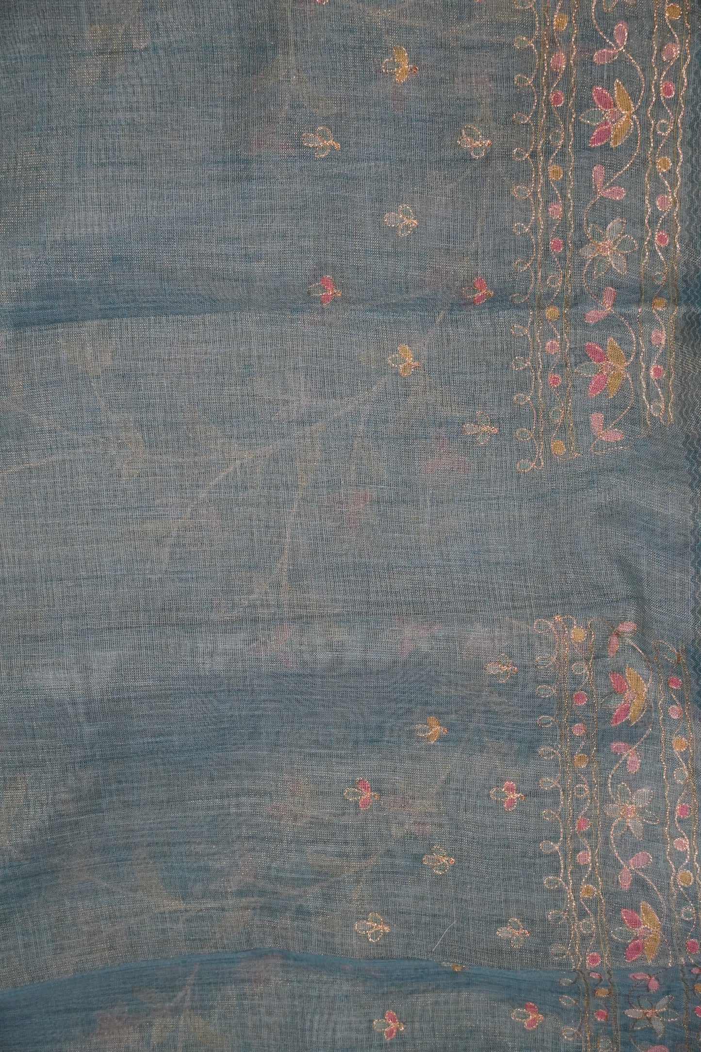 Tissue Linen Saree - Floral Kutch work - Blue