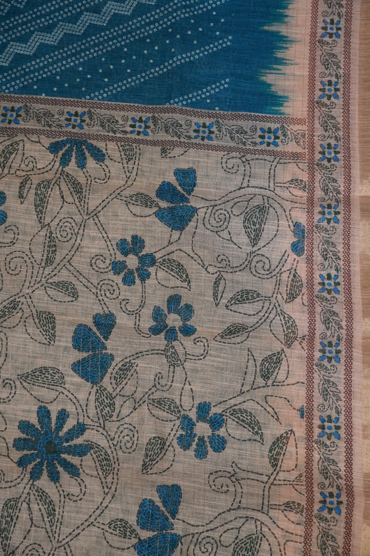 Linen Saree - Bandhini - Peacock Blue