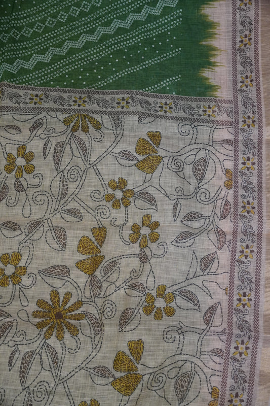 Linen Saree - Bandhini - Green