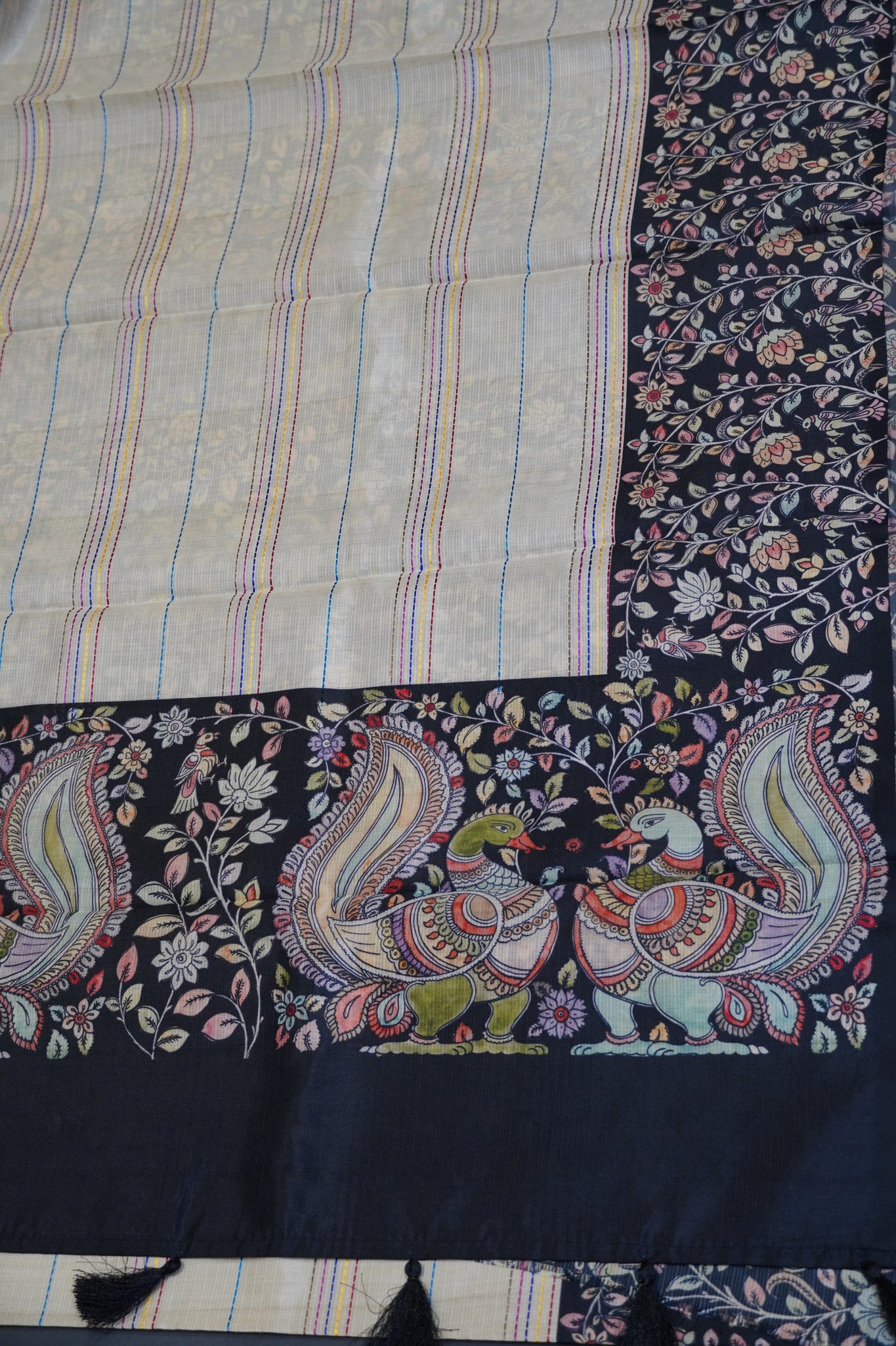 Semi Tussar Saree - Beige - Black
