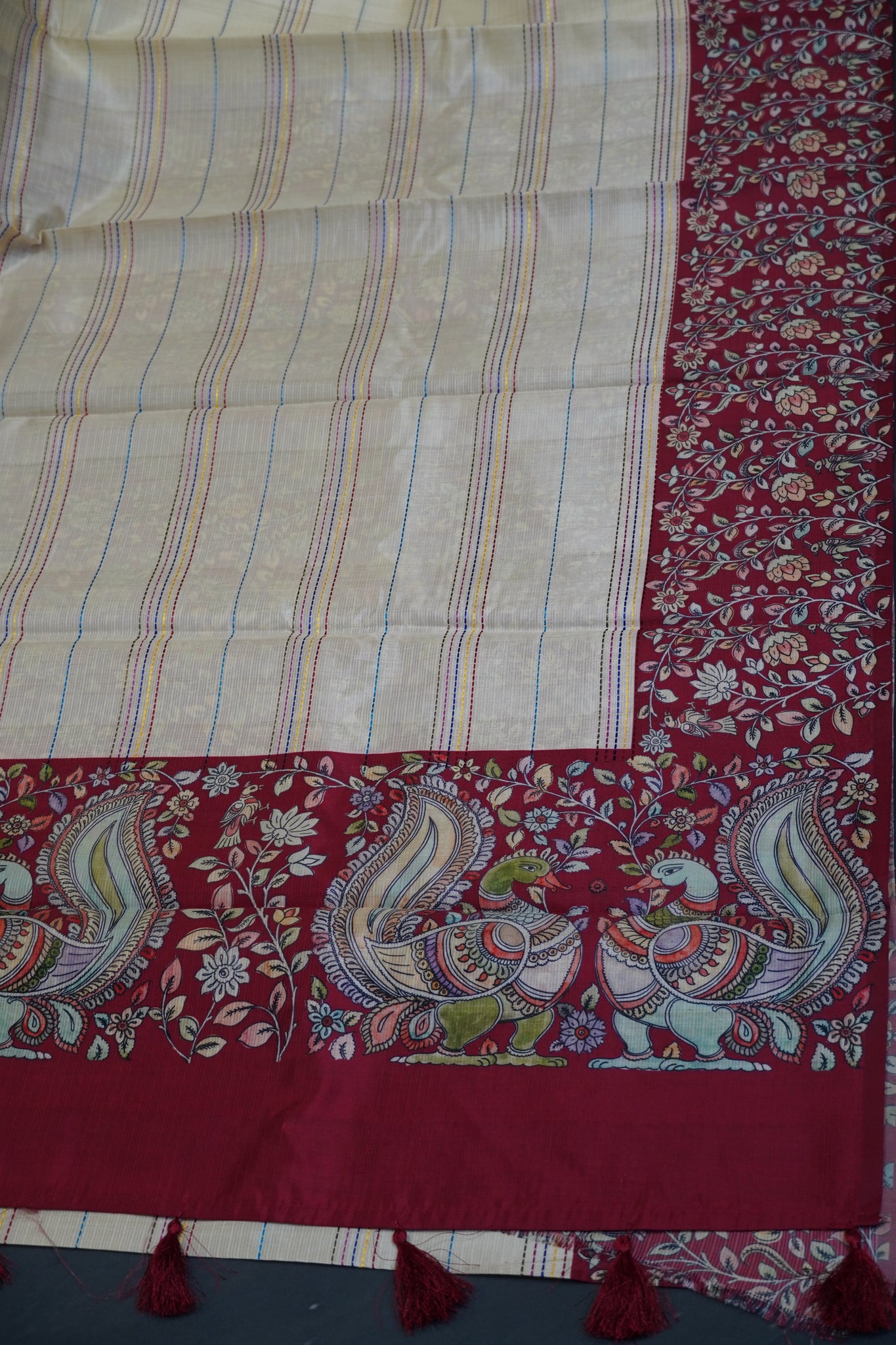Semi Tussar Saree - Beige - Maroon