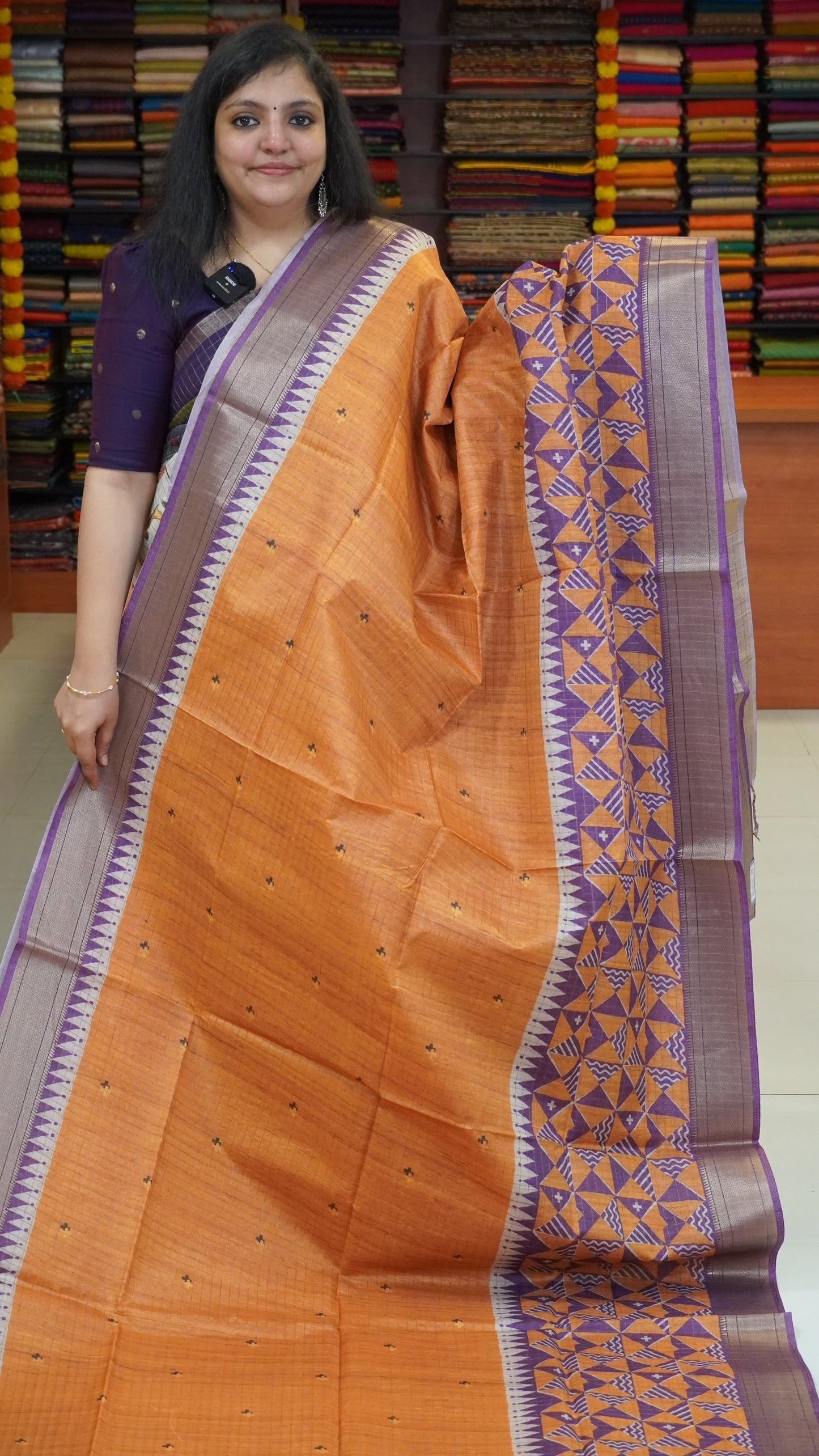 Semi Tussar Saree with Abstract Print - Mustard