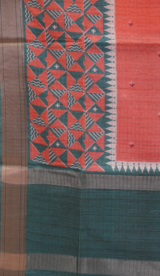 Semi Tussar Saree with Abstract Print - Brick Red
