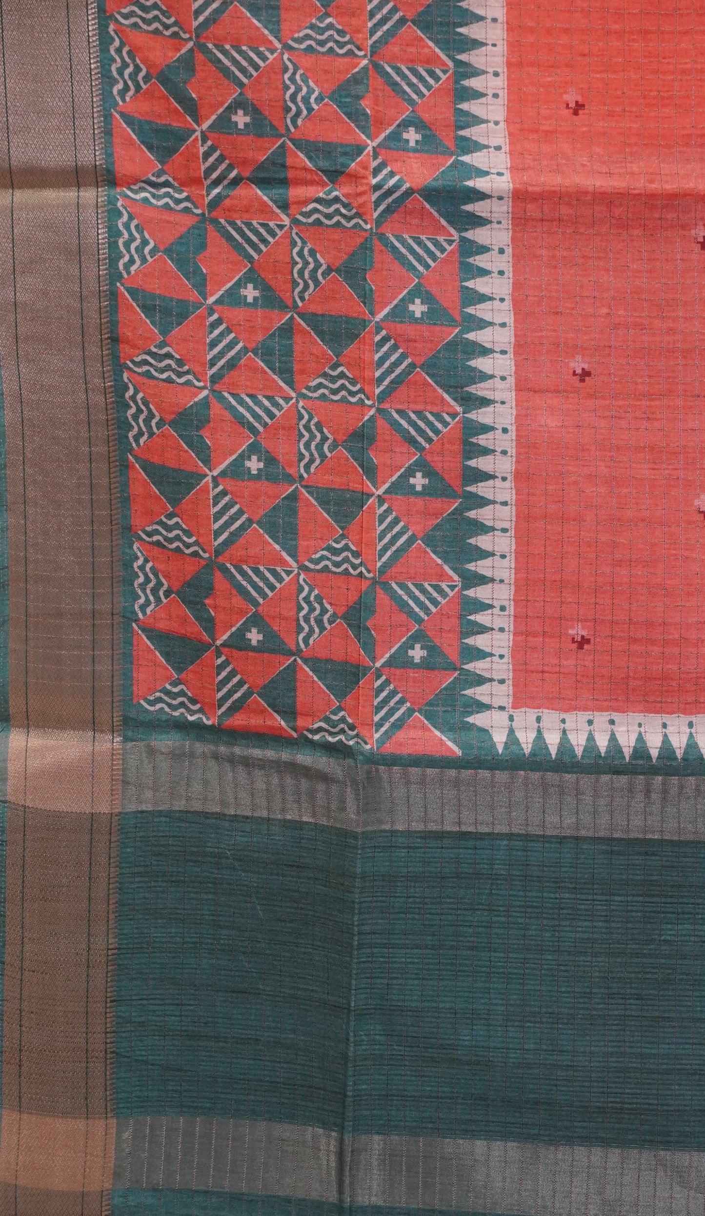 Semi Tussar Saree with Abstract Print - Brick Red