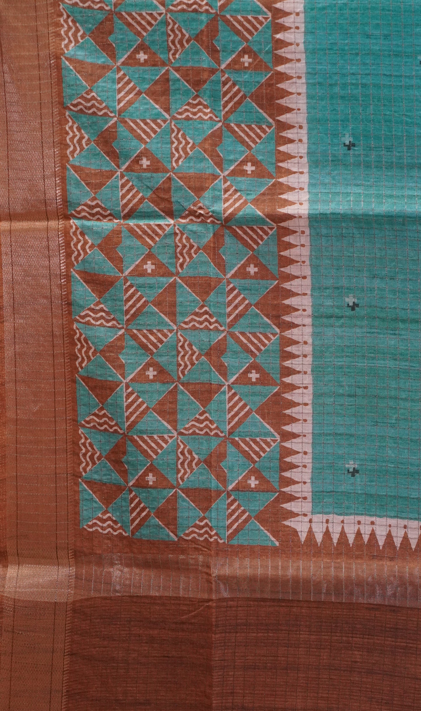 Semi Tussar Saree with Abstract Print - Ramar Green