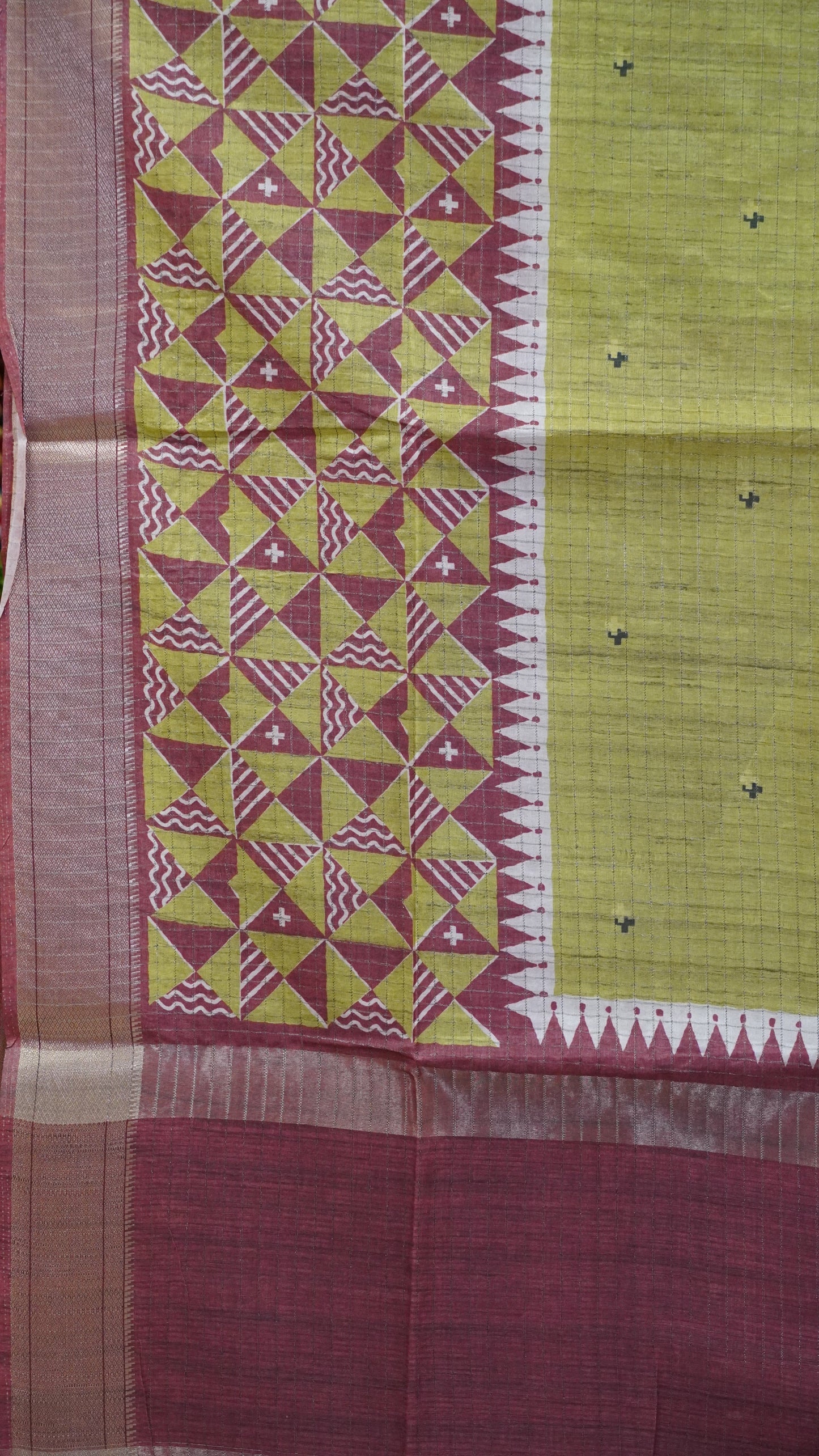 Semi Tussar Saree with Abstract Print - Mehandi Green
