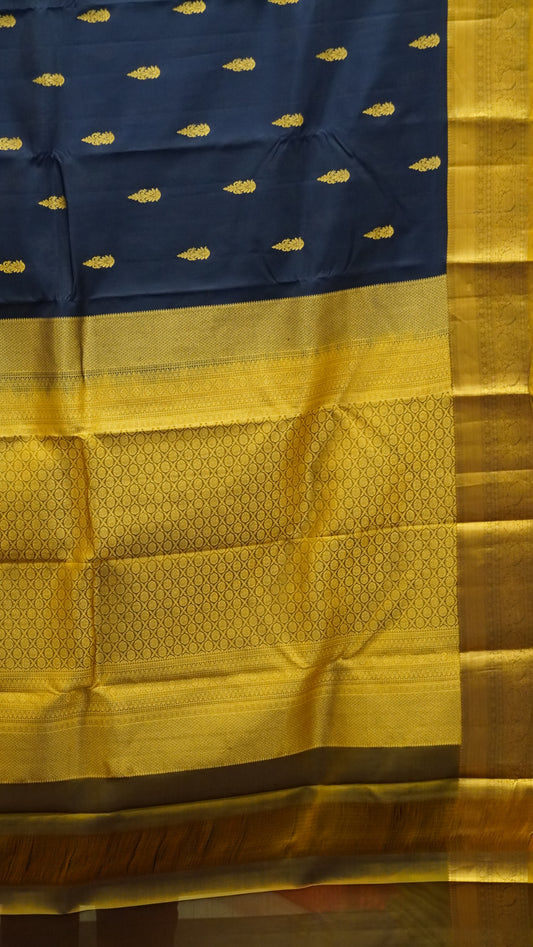 Pure Kanjivaram Silk Saree - Navy Blue-Dark Beige