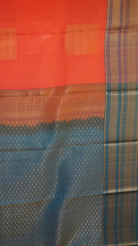 Pure Kanjivaram Silk Saree - Peach Orange-Peacock Green