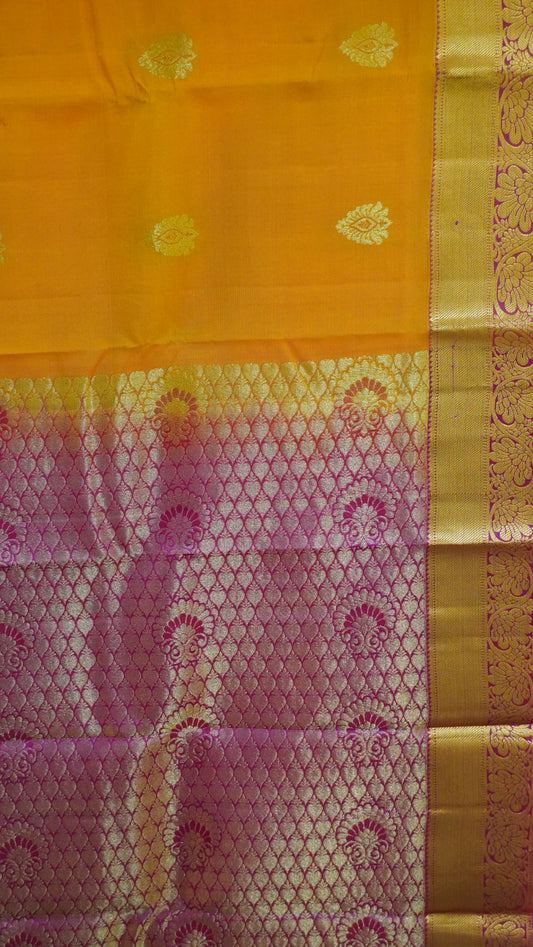 Pure Kanjivaram Silk Saree - Mango yellow-Pink