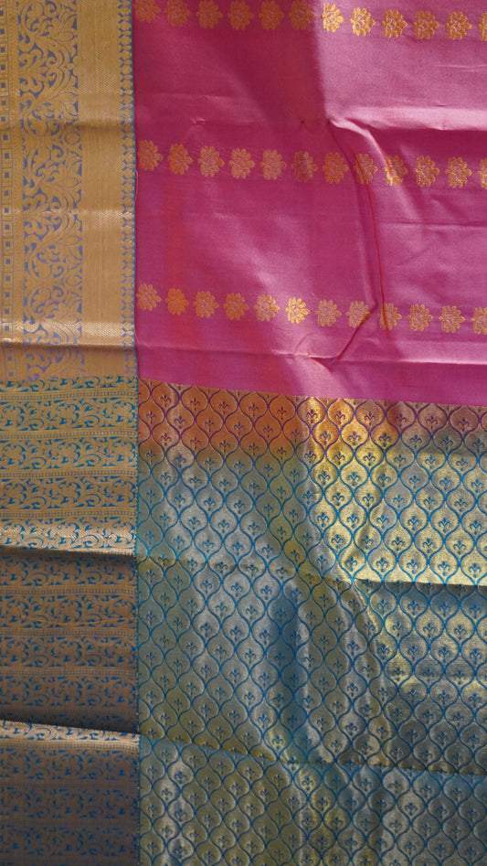 Pure Kanjivaram Silk Saree - Pink Teal Green