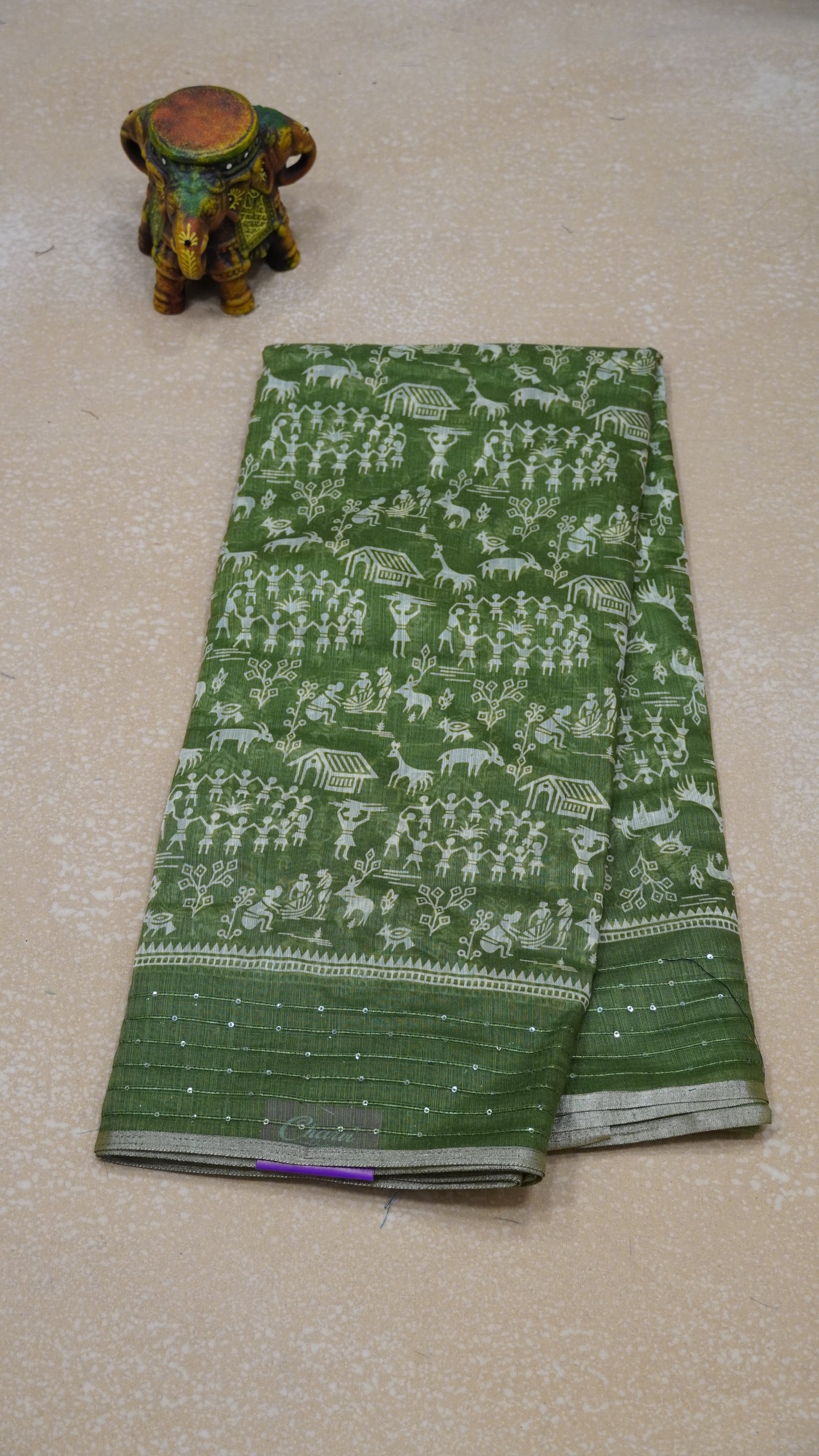 Chanderi Saree Warli Print - Olive Green