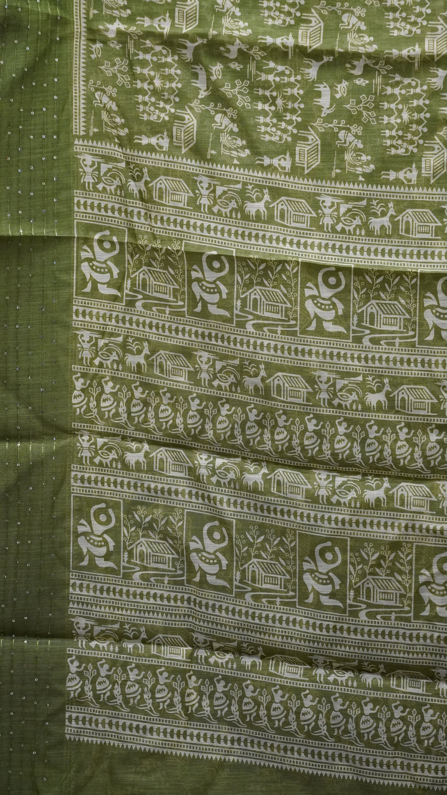 Chanderi Saree Warli Print - Olive Green