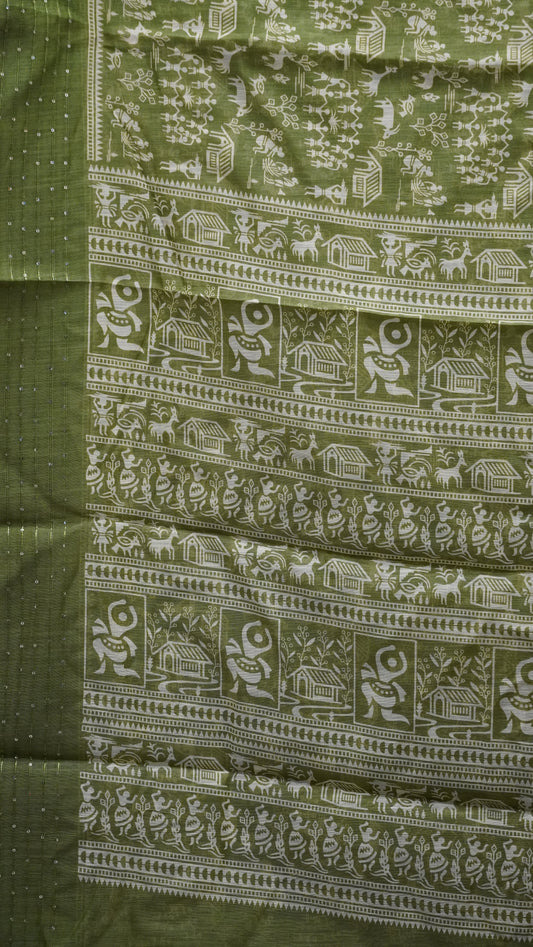 Chanderi Saree Warli Print - Olive Green