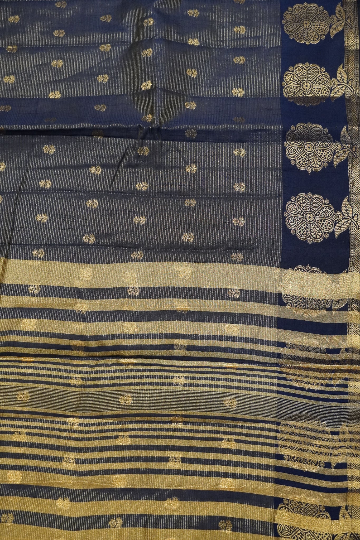 Semi Raw Silk Saree - Vairaoosi Pattern Navy Blue