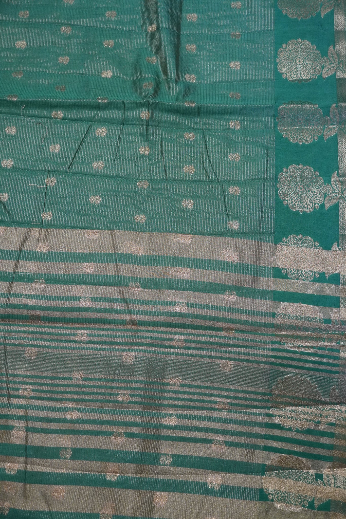 Semi Raw Silk Saree - Vairaoosi Pattern Metallic Green