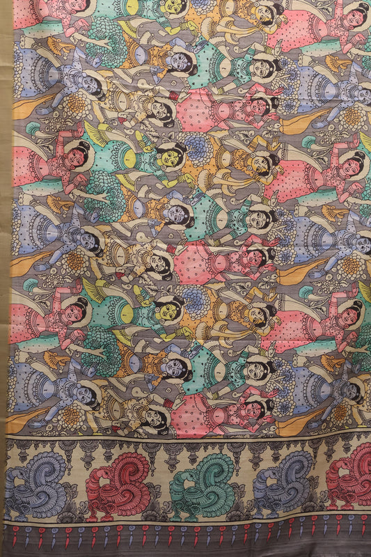 Art Mulberry Silk Saree-Grey Penn Kalamkari