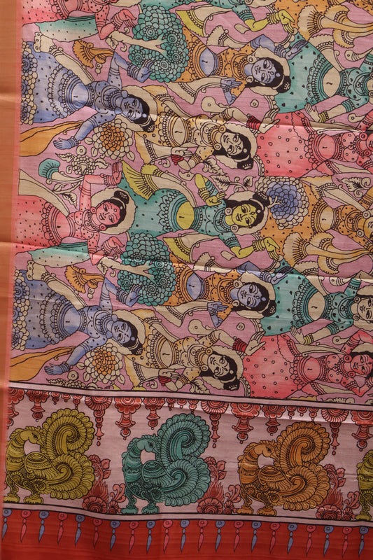 Art Mulberry Silk Saree-Red Penn Kalamkari