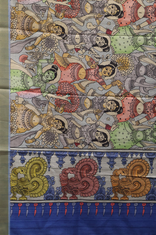 Art Mulberry Silk Saree-Blue Penn Kalamkari