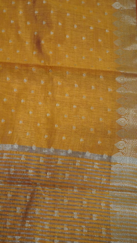 Semi Tussar Saree - Orange Heart Buta