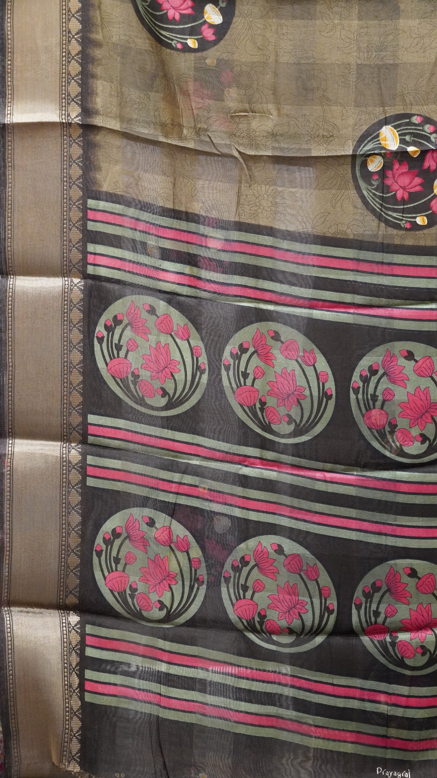 Chanderi Saree Lotus Print - Green