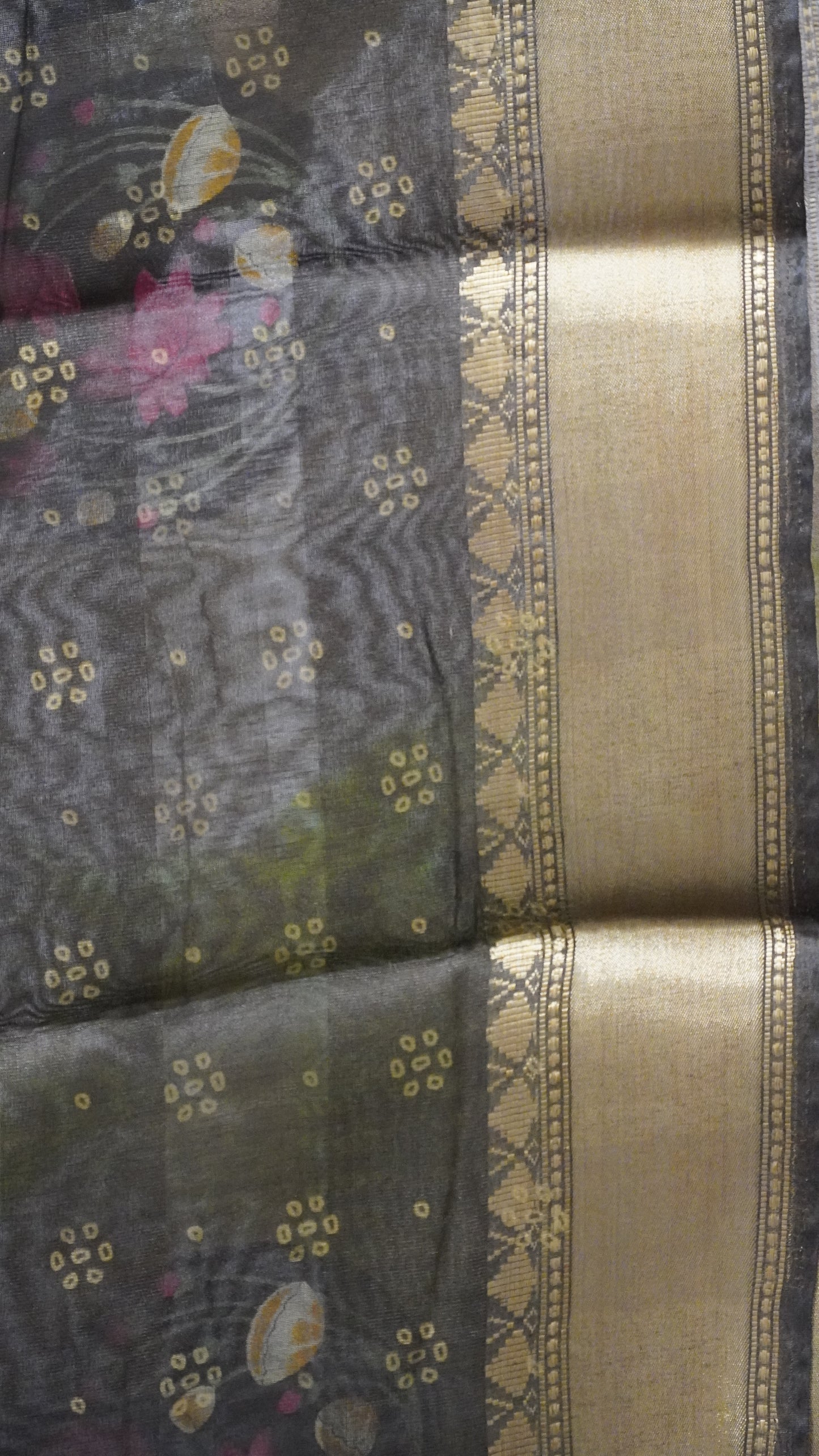 Chanderi Saree Lotus Print - Green