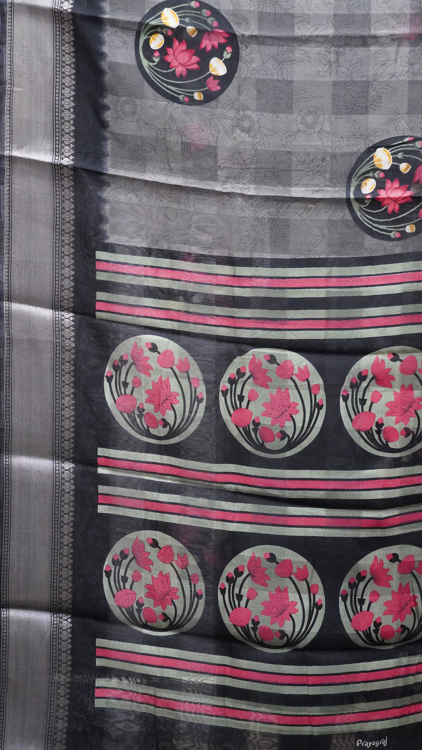 Chanderi Saree Lotus Print - Light Grey