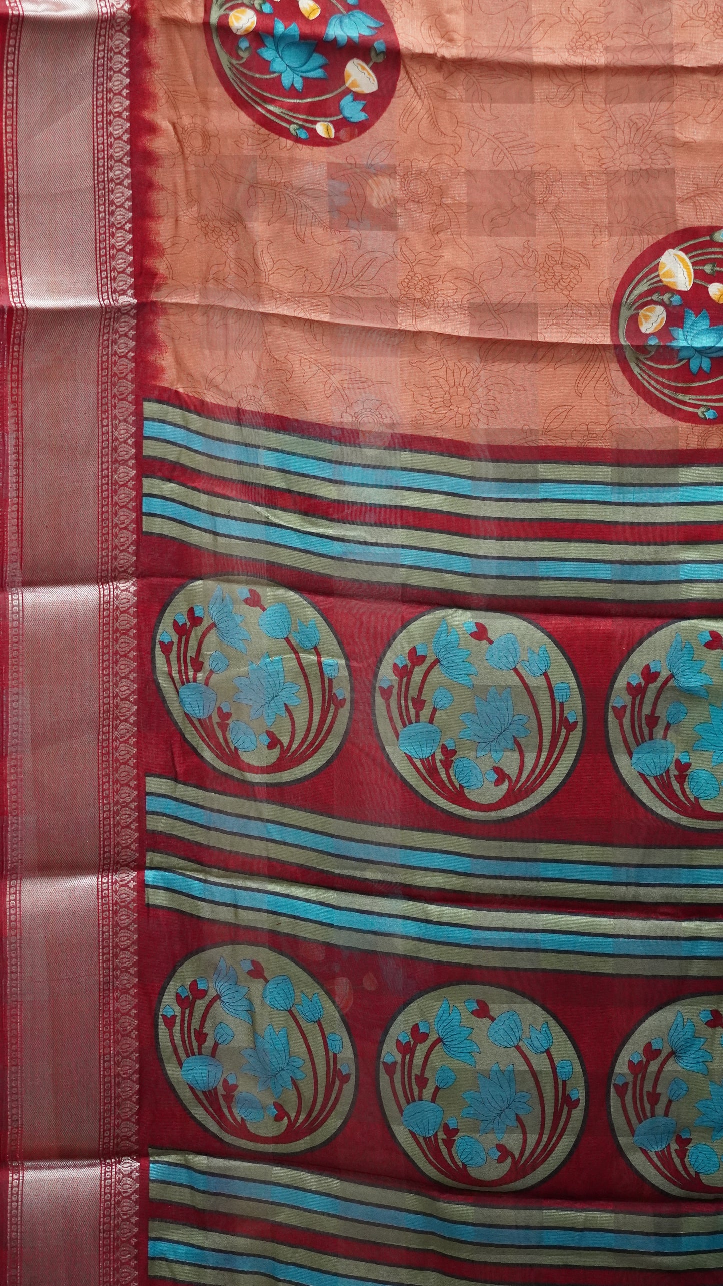 Chanderi Saree Lotus Print - Light Brown