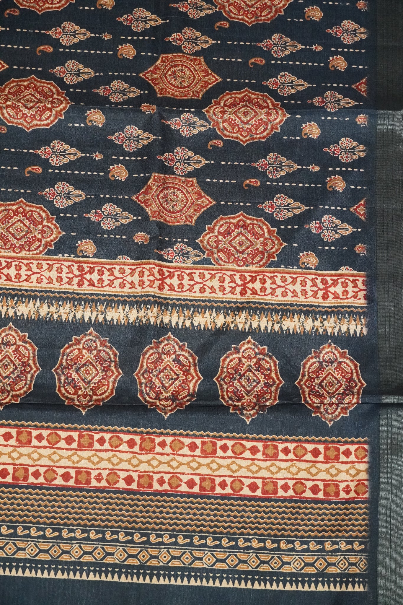 Art Printed Silk Saree -Ajrakh Pattern Navy Blue