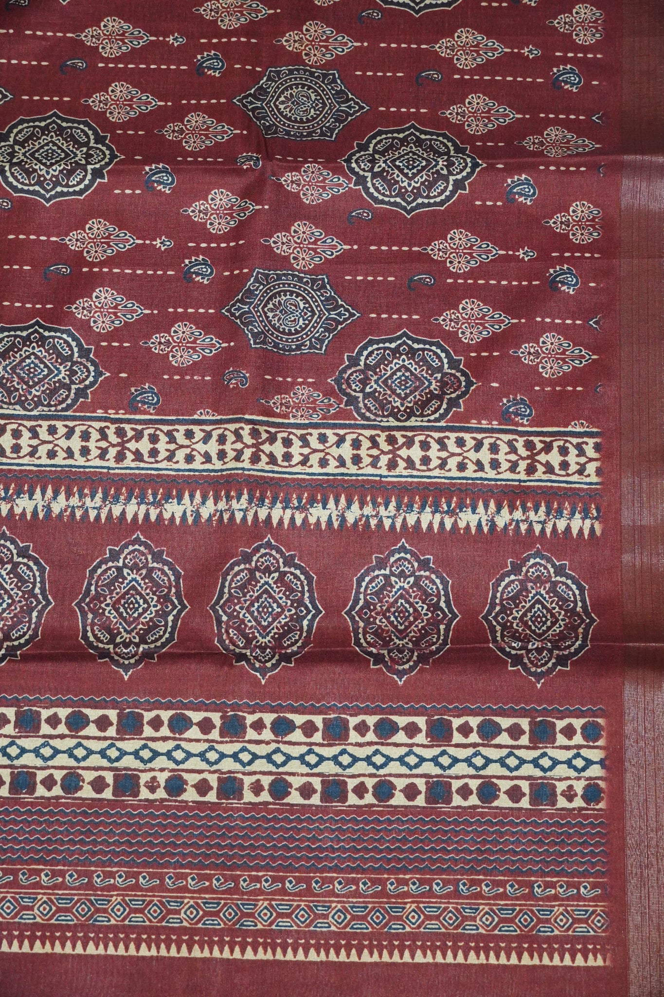 Art Printed Silk Saree -Ajrakh Pattern Maroon