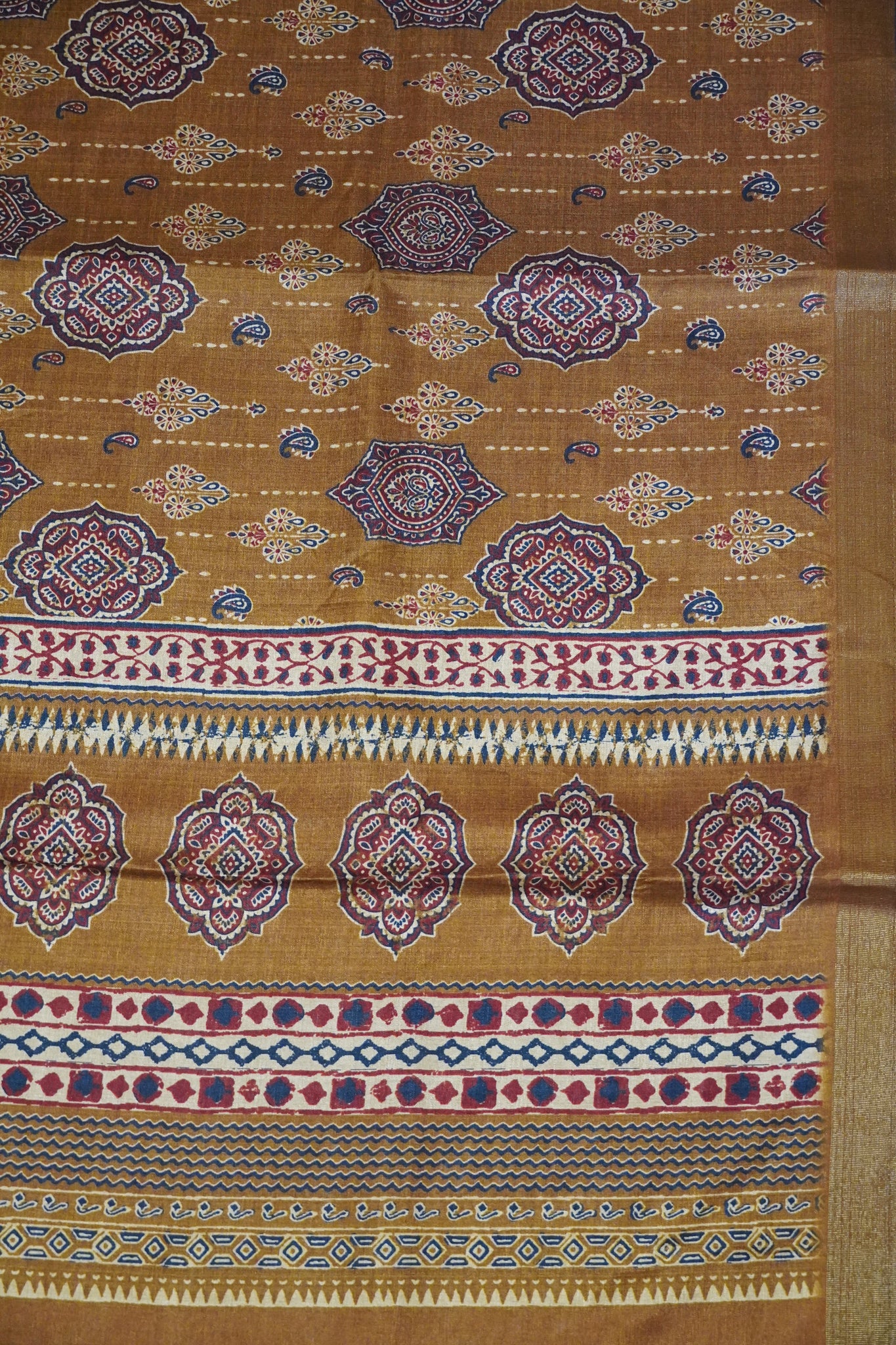 Art Printed Silk Saree -Ajrakh Pattern Mustard