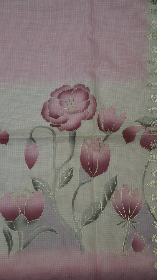 Pure Kota Saree-Dual Tone Kutch Work-Dark Pink