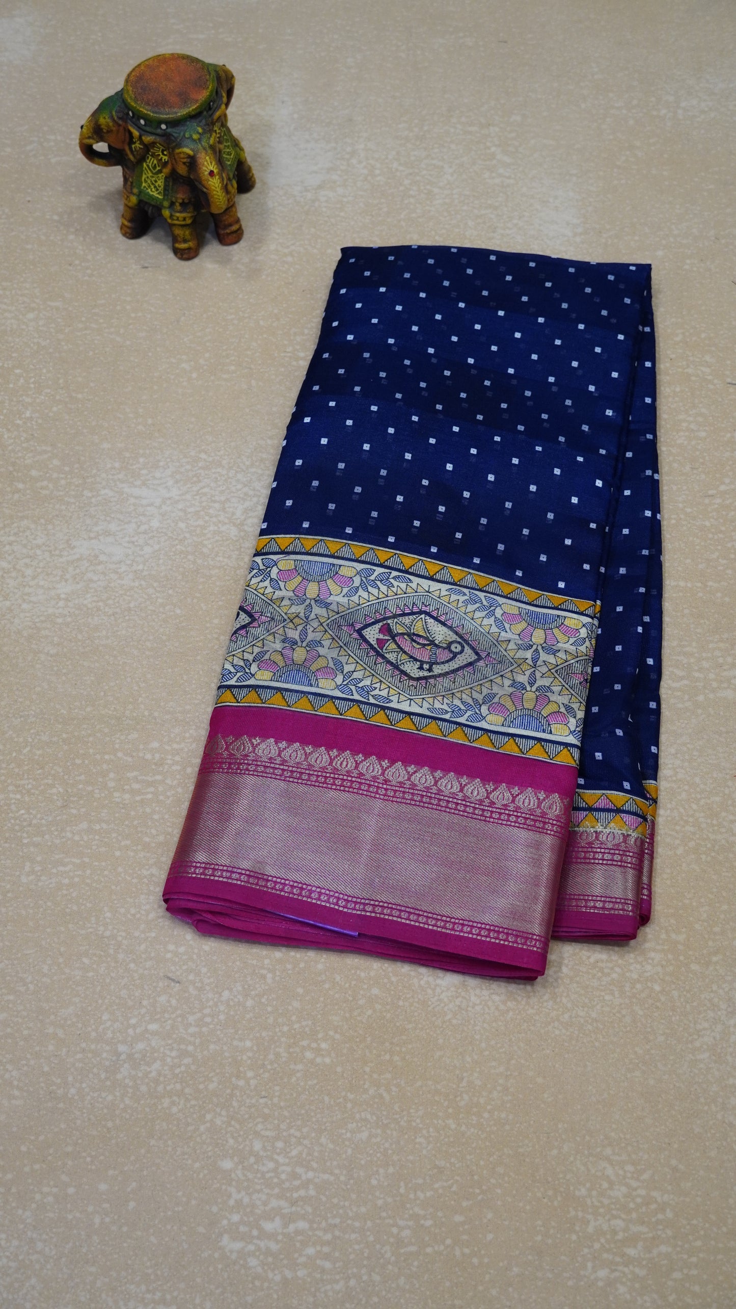Chanderi Saree Bandhini Print - Navy Blue