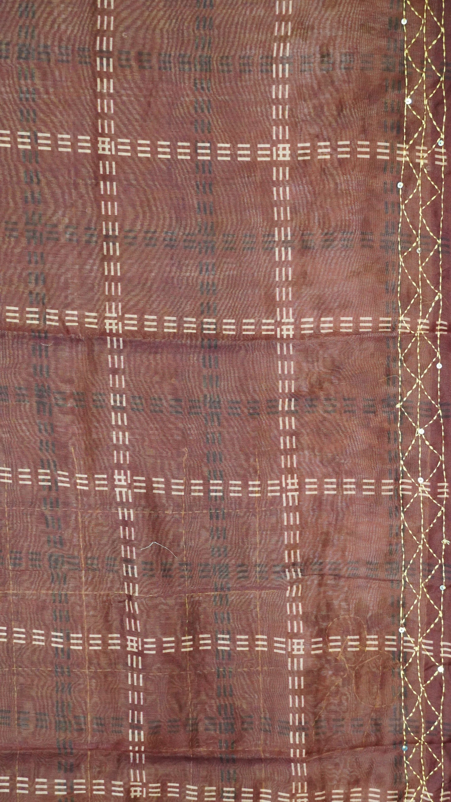 Chanderi Saree Kantha Work-Mustard-Checks