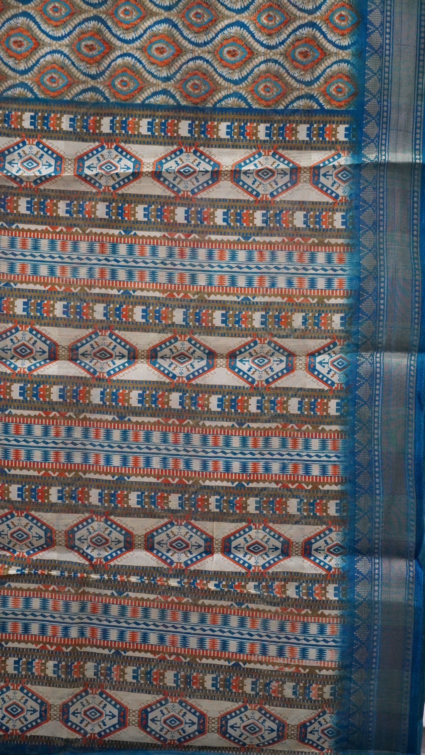 Chanderi Saree Abstract Print - Teal Blue