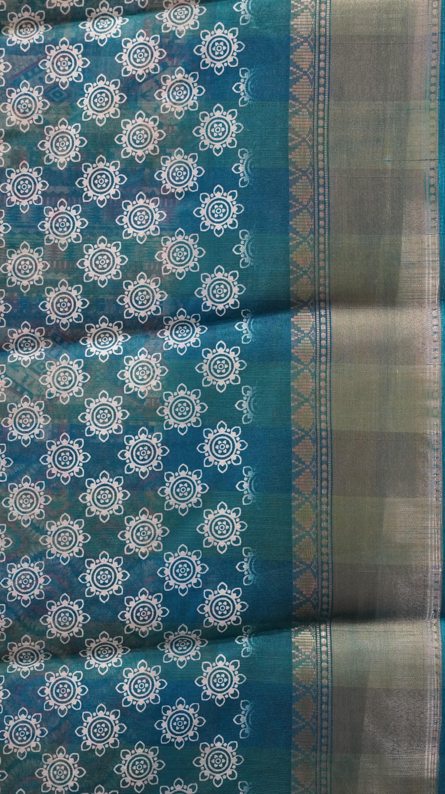 Chanderi Saree Abstract Print - Teal Blue