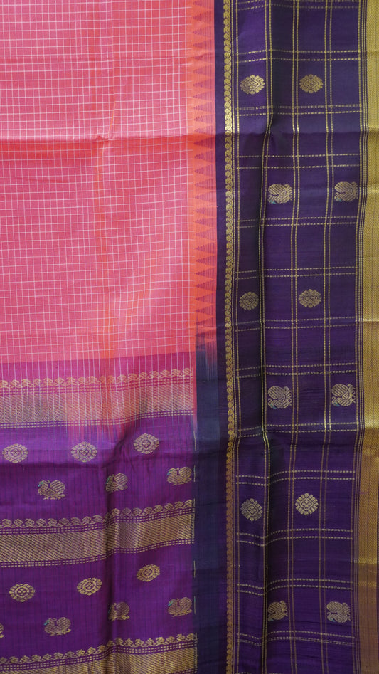 Pure Kanjivaram Silk Saree -Pink-Purple Checks