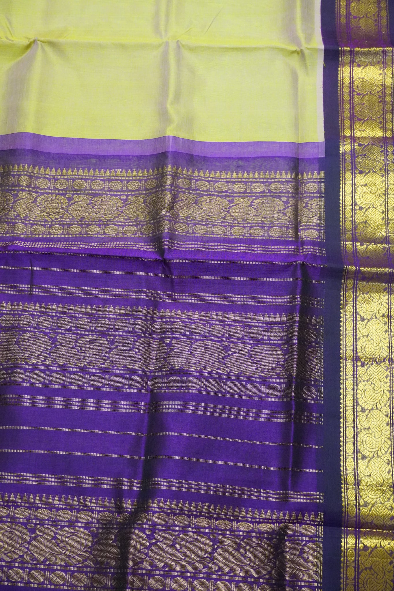 Silk Cotton Saree - Golden Green - Wine