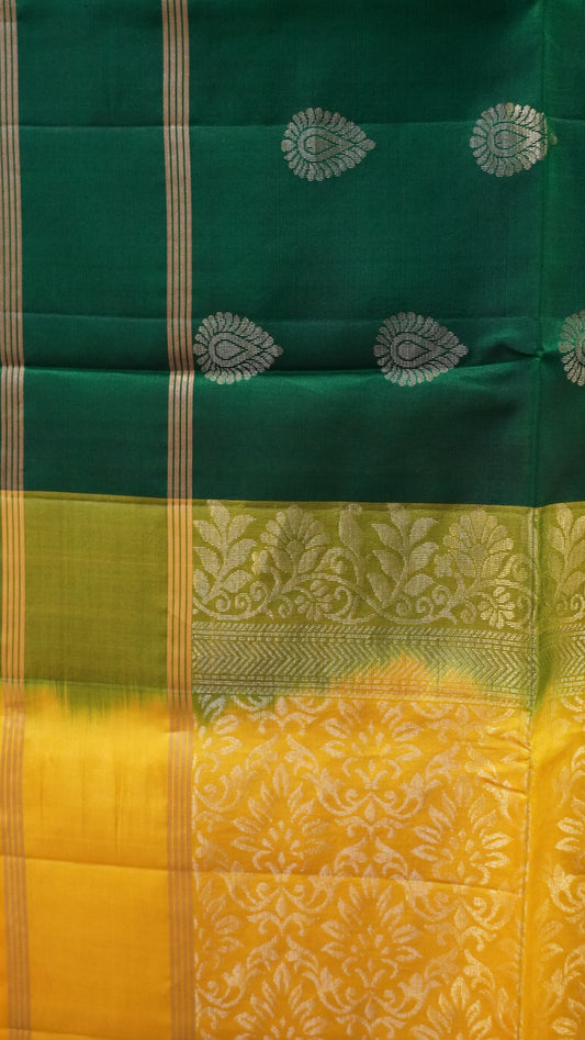 Pure Soft Silk Saree - Bottle Green-Yellow