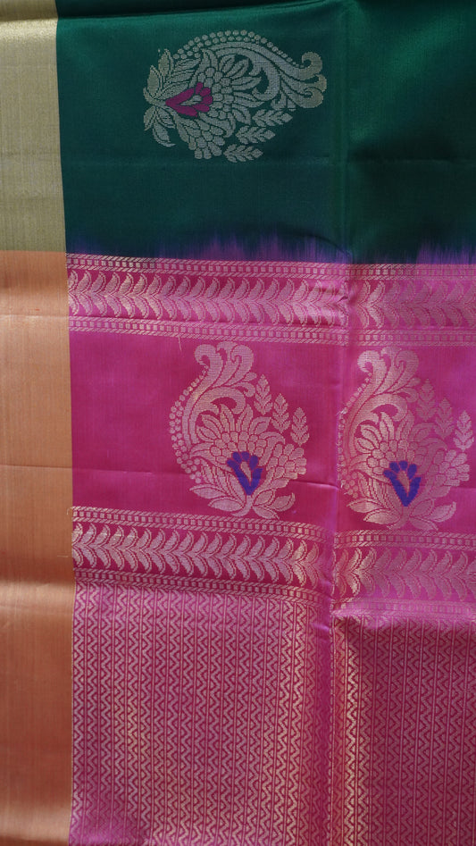 Pure Soft Silk Saree - Bottle Green-Pink