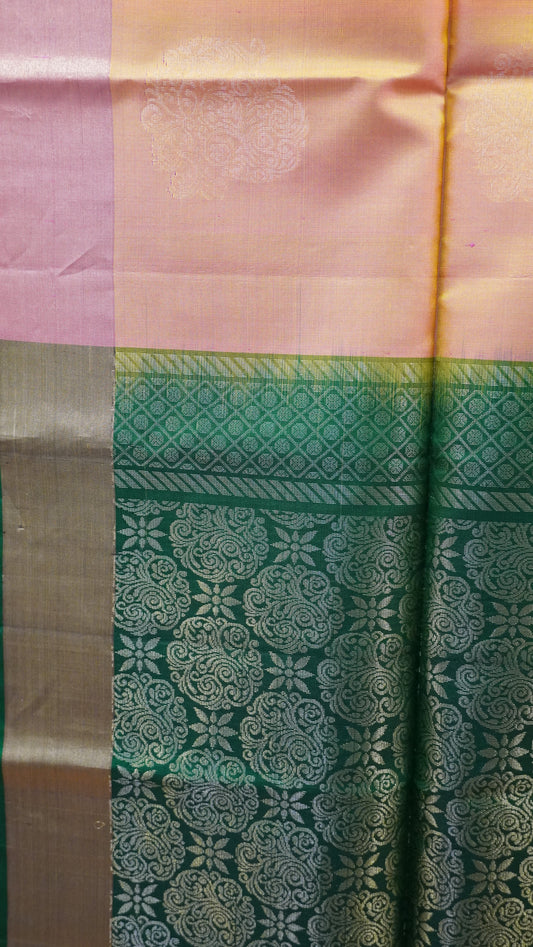 Pure Soft Silk Saree - Peach Pink-Green
