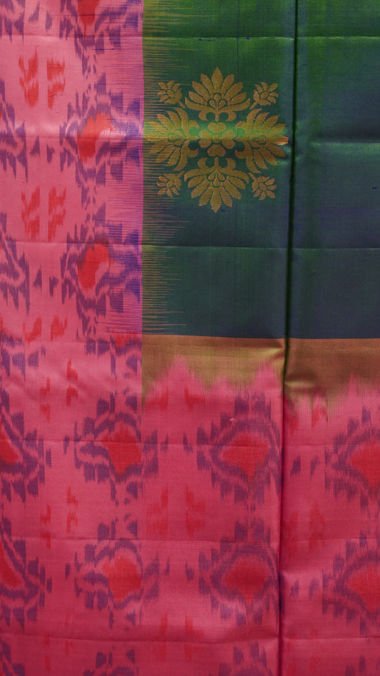 Pure Soft Silk Saree - Green-Purple Ikkat Pattern