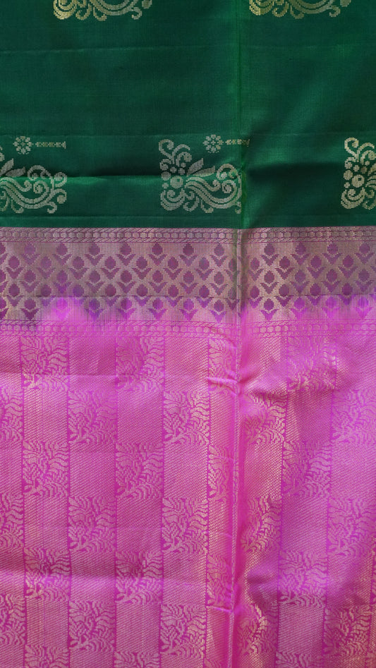 Pure Soft Silk Saree -Bottle Green-Pink