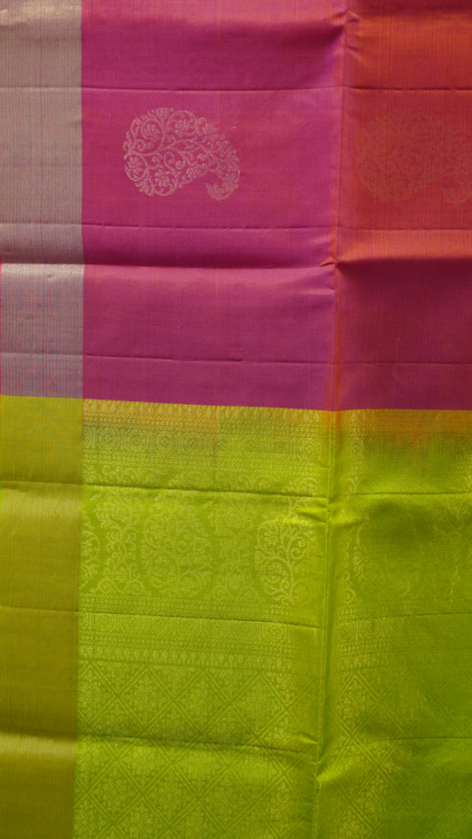 Pure Soft Silk Saree - Redish Pink-Green